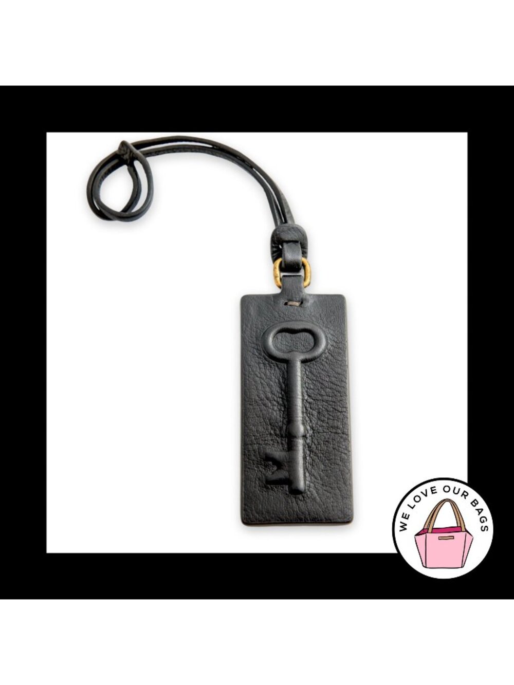 Y2K Vintage FOSSIL KEY Hang Tag Black Leather Strap Loop Bag Charm Keychain Fob